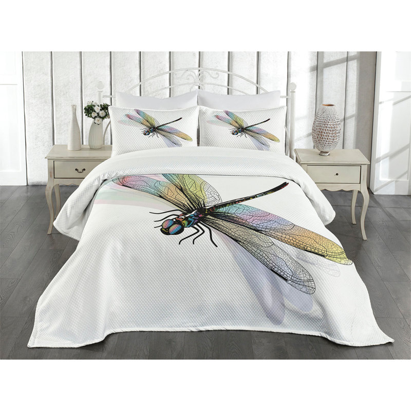 Ambesonne Dragonfly Bedspread Set Shady Ornate Pattern Multicolor, King Bedspread + 2 Standard Shams
