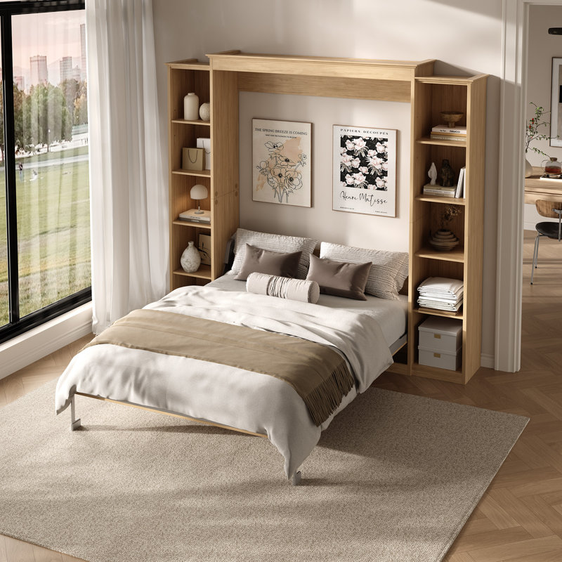 Lit escamotable Murphy avec tablettes de rangement, Lit double, Blanc