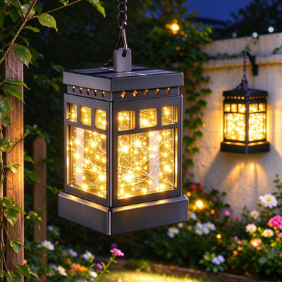 Lanterne solaire 12,8 po, lanterne décorative d'extérieur à suspendre avec pince et chaîne en métal, guirlande de guirlandes de lumières pour le patio