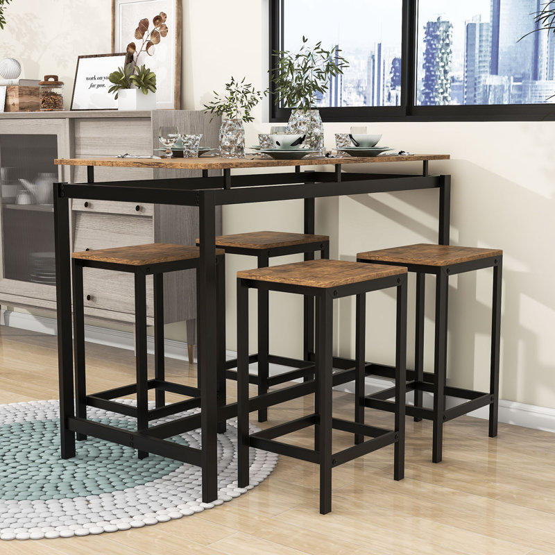 Pipkin 5-Piece Dining Set, Rectangular Table with Steel Frame and Four Stools for Small Space, Brown, Brown