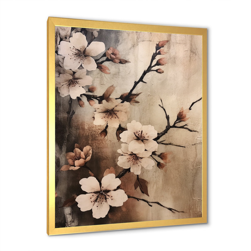 «Cherry Blossoms Brown Dark Solitude», reproduction sur toile, Cadre doré simple, H 32 po x l 16 po x P 1 po