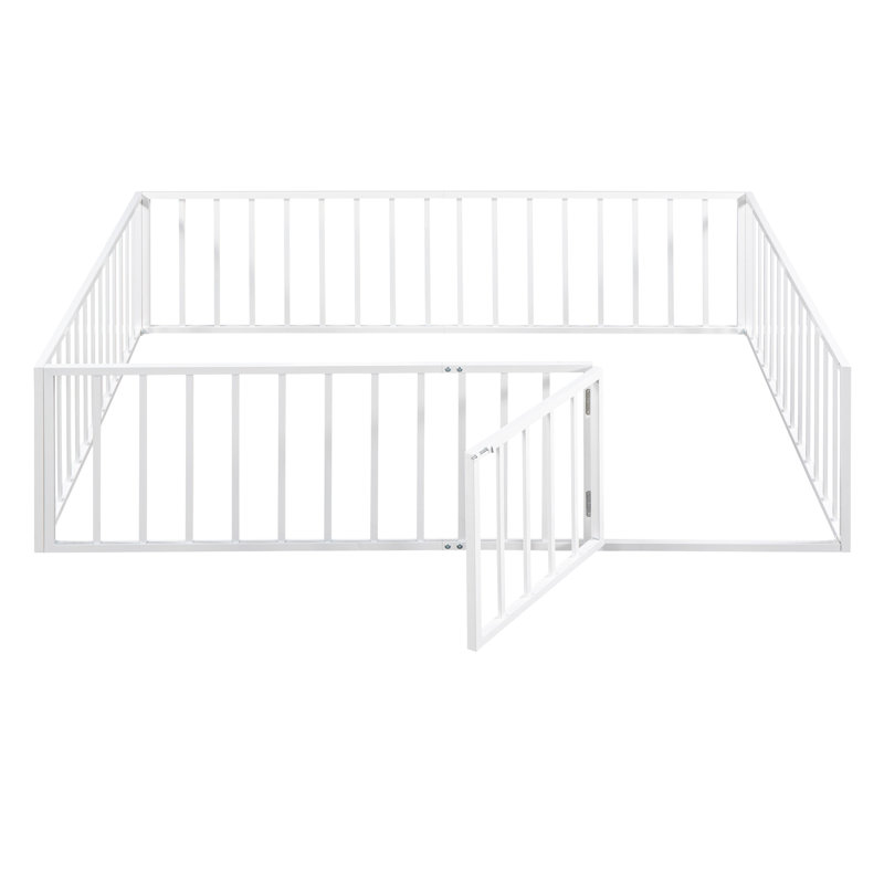 Structure de lit pour grand lit en métal avec clôture de sécurité et porte - Structure de lit pour enfant blanche robuste pour la chambre à coucher