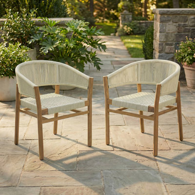 Set of 2 Teak Patio Dining Chairs, Outdoor Woven Rope Armchairs