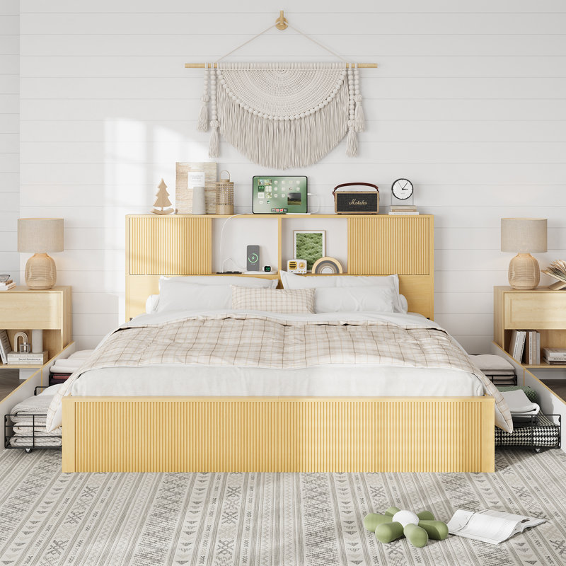 King Size Bed Frames With 4 Storage Drawers & 2-Tier Storage Headboards & Built-In USB Ports & Power Outlets, King