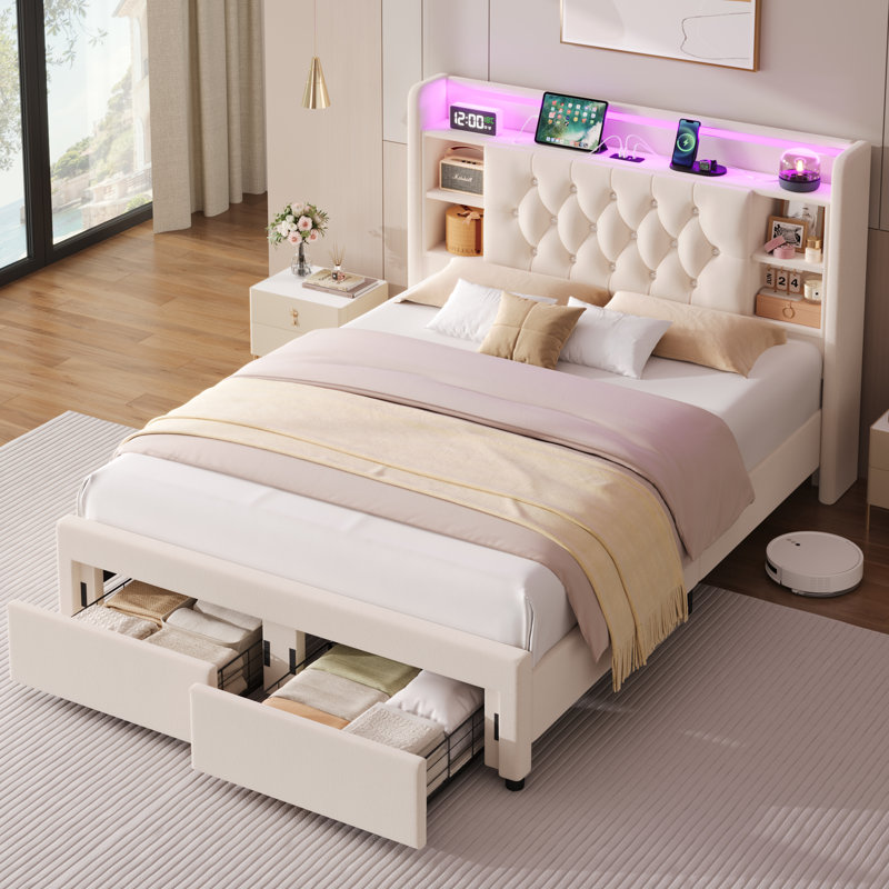 Lit plateforme tapissier, cadre de lit à DEL avec charge intelligente, tête de lit avec rangement, Lit double, Blanc