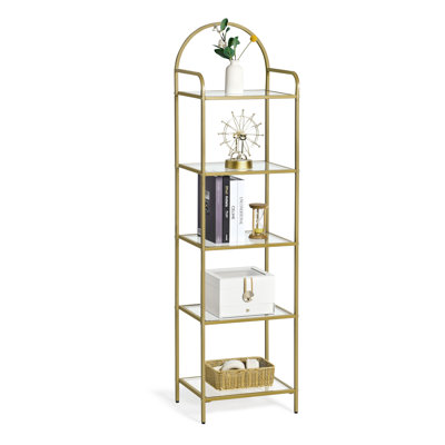 Bookcase Bookshelf, Tempered Glass Bookshelves, Slim Shelving Unit for Bedroom, Bathroom, Home Office, Steel Frame, 5 Tier Gold
