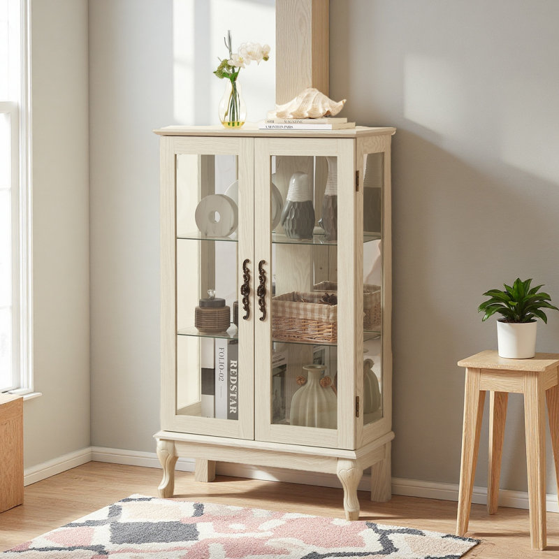 Armoire vitrée 2 portes avec portes en verre trempé avec panneau arrière en miroir et tablettes réglables, Blanc, Oui