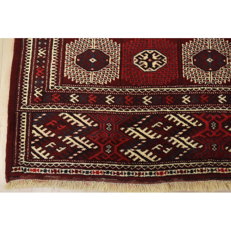 Tapis oriental rétro en laine rouge noué à la main 8 pi 8 po x 12 pi Bokhara Vintage