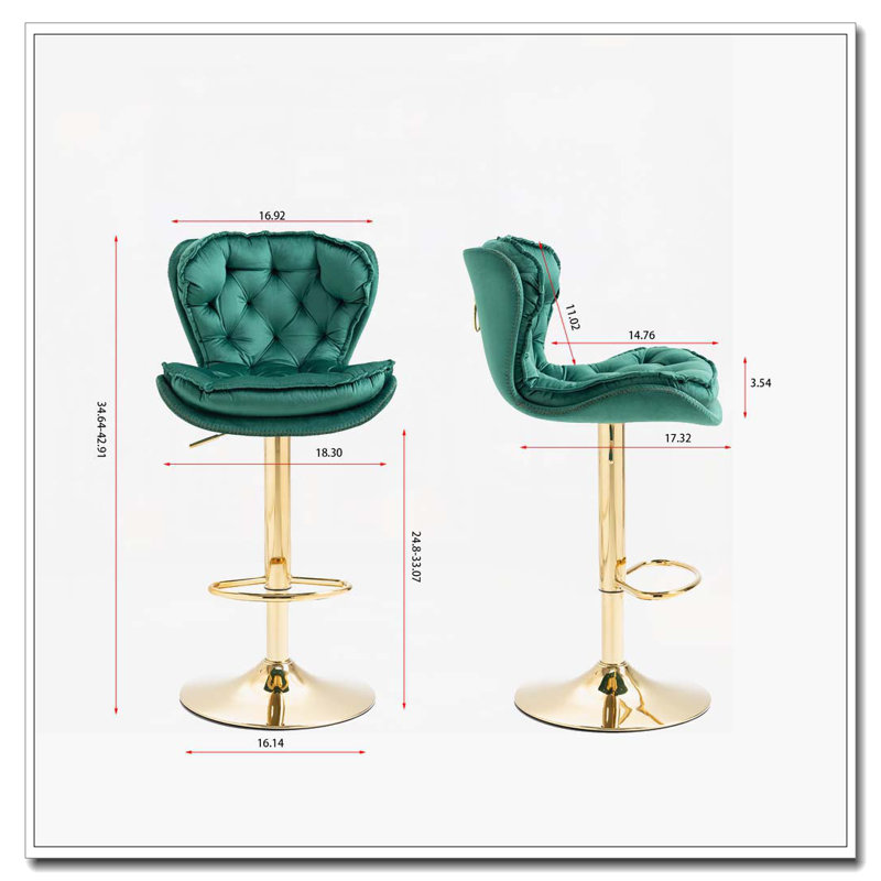 Tabourets de bar, avec velours de levage mécanique réglable en hauteur, Vert, Doré