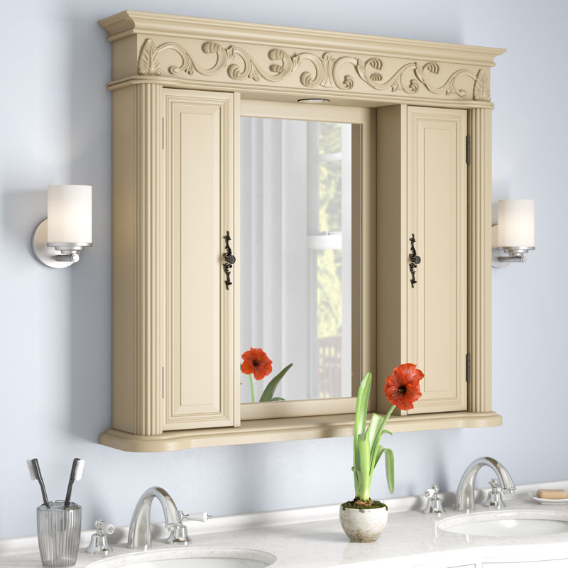 W H Surface Framed Medicine Cabinet with Mirror and Fixed Shelves, Antique White, 38" H x 42" W x 7.5" D