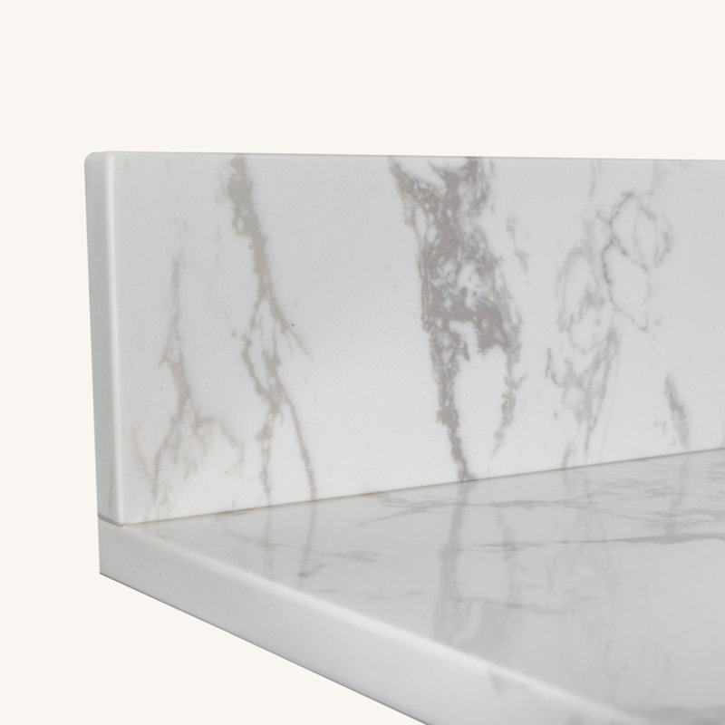 Comptoir de salle de bain en pierre avec lavabo rectangulaire encastré en céramique, trou de robinet et dosseret