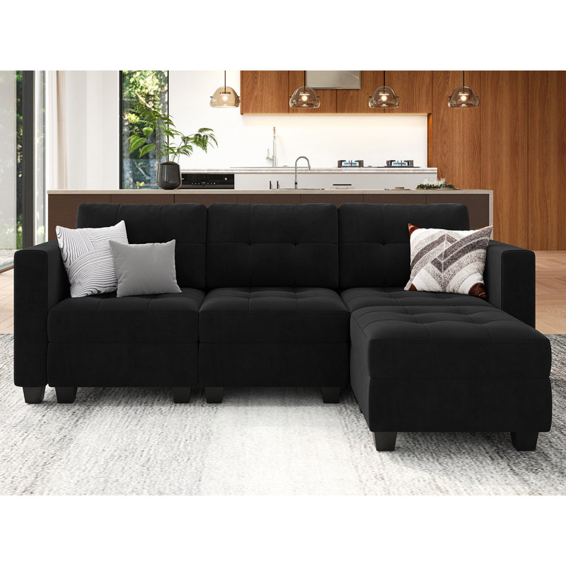 Soneson 17.7'' High Modern Tufted Upholstered Velvet Modular Sofa Couch with Storage Ottoman, Black Velvet