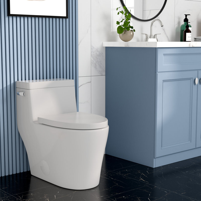 One-Piece Elongated Toilet, 1.28 GPF Side Single Flush, 12" Rough-In, Soft-Close Seat, White