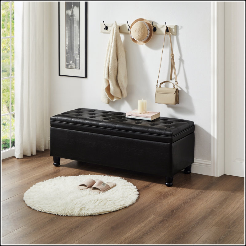 Banc de rangement rembourré capitonné à boutons, banc d'entrée en similicuir avec pieds en bois fuselés, banc de lit