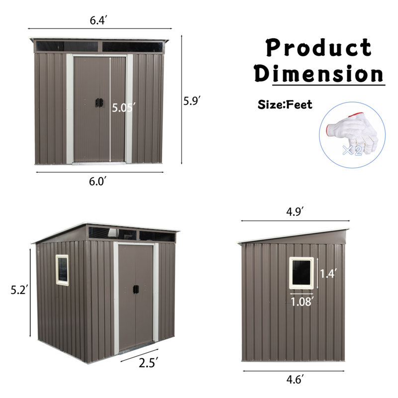 Remise de rangement extérieure en métal 6 pi x 5 pi avec plaque transparente pour fenêtre, Gris