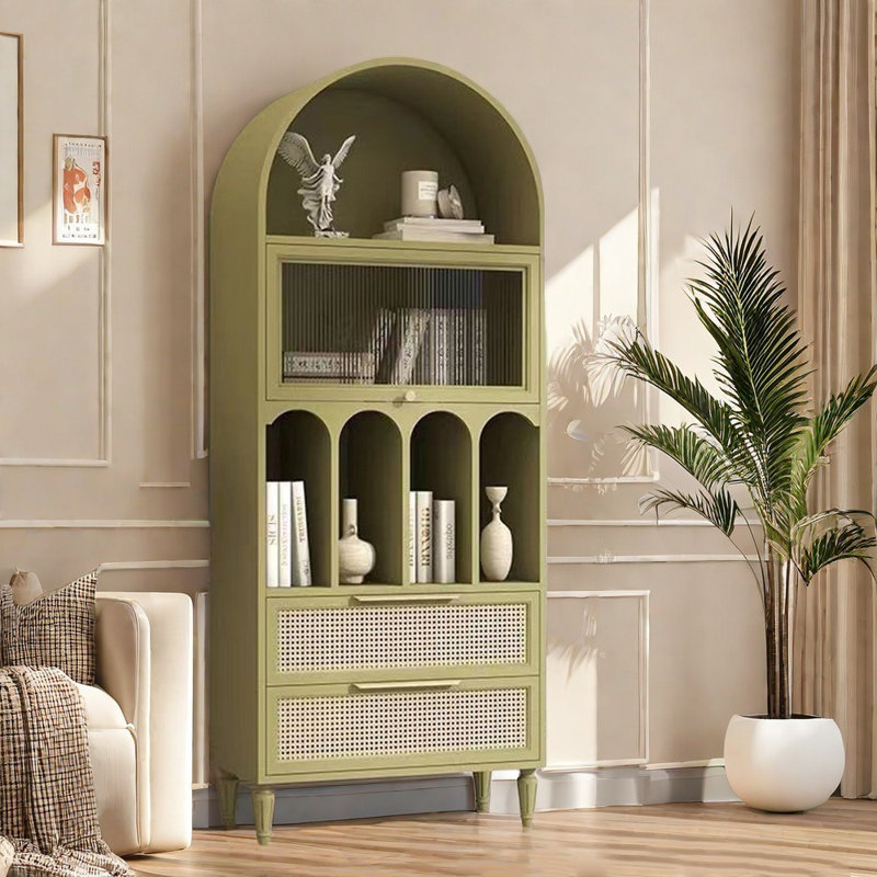 Bibliothèque moderne en bois et rotin simple, Vert
