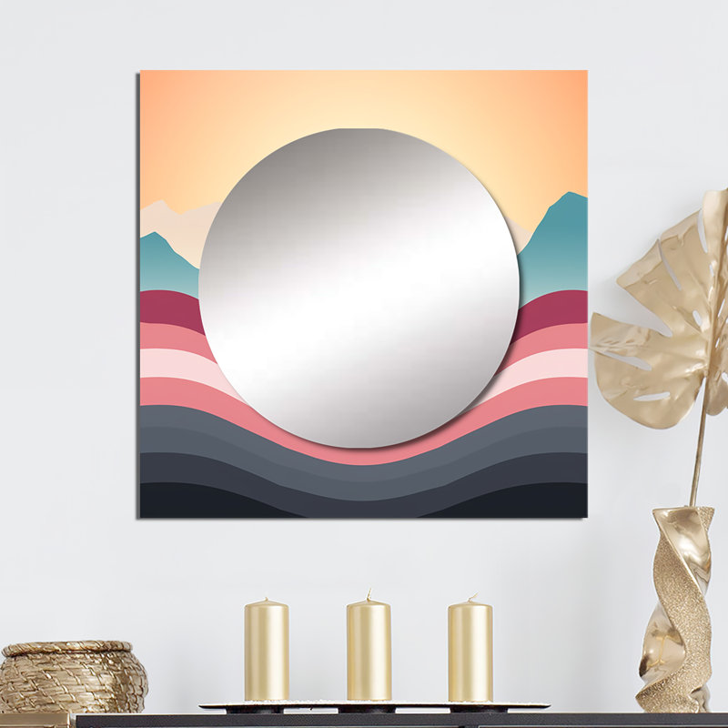 Bold Graphic Sunset In Teal And Pink I - Modern Geometric Square Mirror For Wall Art Decor, 23" x 23"