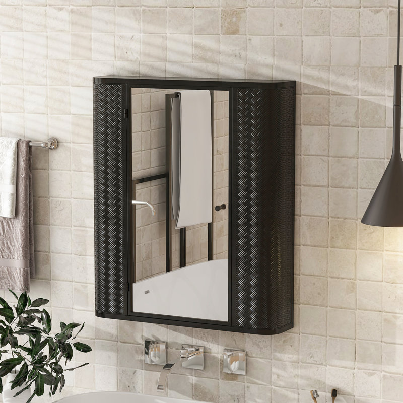 Armoire de salle de bain murale avec miroir, porte encadrée, 2 tablettes pour le rangement, style maison de campagne moderne, rangement pour toilette ou coiffeuse