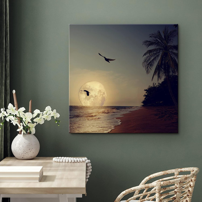 «Harvest Moon Tropical Ocean Sea Beach Island Birds», reproduction sur toile, H 24 po x l 24 po x P 1,5 po
