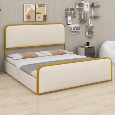 Modern Metal Bed Frame With Curved Upholstered Headboard And Footboard Bed With 4 Storage Drawers, Heavy Duty Metal Slats