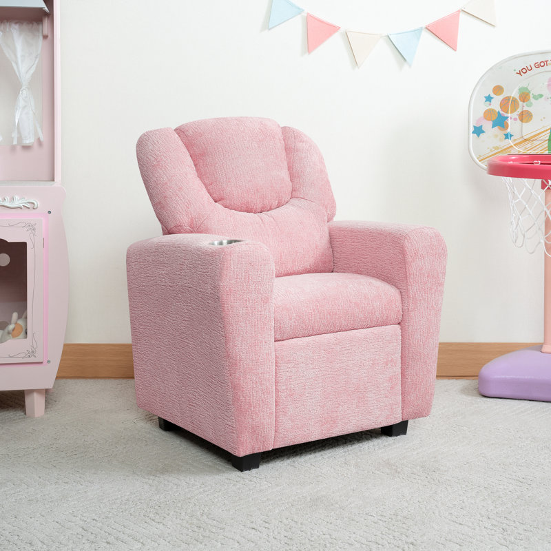 Roomy Kids' Recliner Chair with Cup Holder, Toddler Recliner With Push-Back Design, and Adjustable Footrest, Pink Chenille