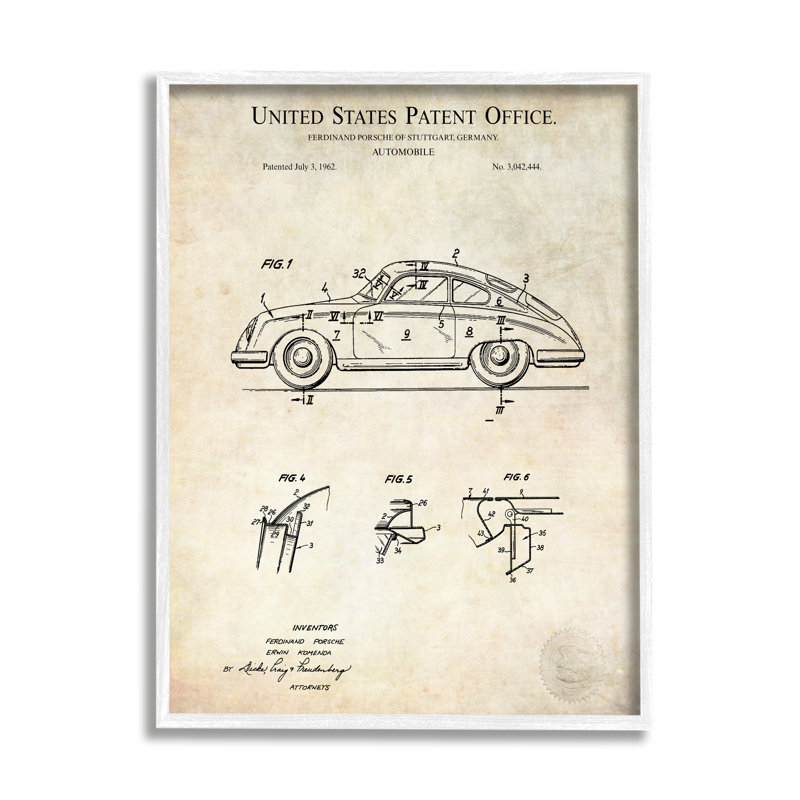 Schéma d'une automobile rétro, L 16 po x H 16 po, Giclée encadrée blanc bord de mer