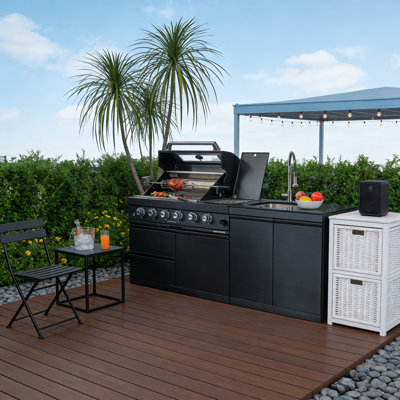 Îlot de barbecue au propane à 4 brûleurs de 79 po avec brûleur latéral, rôtissoire et évier extérieur de 79 po
