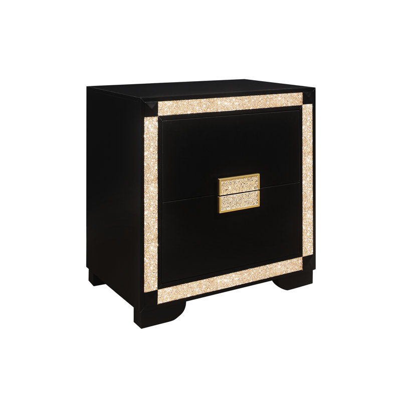 Table de chevet carrée en noir / or avec détails scintillants et fabrication généreuse de tiroirs profonds en or noir