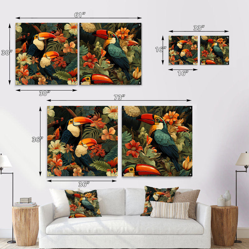 Ensemble de 2 tapisseries toucan, H 16 po x l 33 po