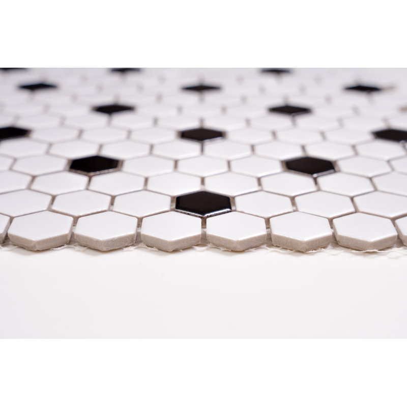 Hexagon Matte Porcelain Mosaic Tile - (Box Of 15 Sheets), 1x1, White/Black