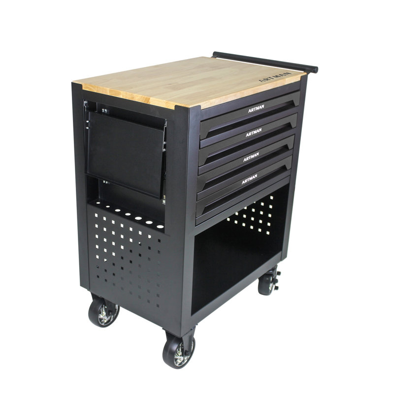 Armoire à outils roulante à 4 tiroirs avec roulettes - Chariot de rangement mobile robuste avec plateau en bois de chêne et tiroirs verrouillables, noir