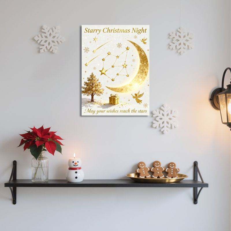 Ensemble de 1 tableau sur toile tendue « Nuit de Noël étoilée, lune dorée et sapin », H 36 po x l 24 po