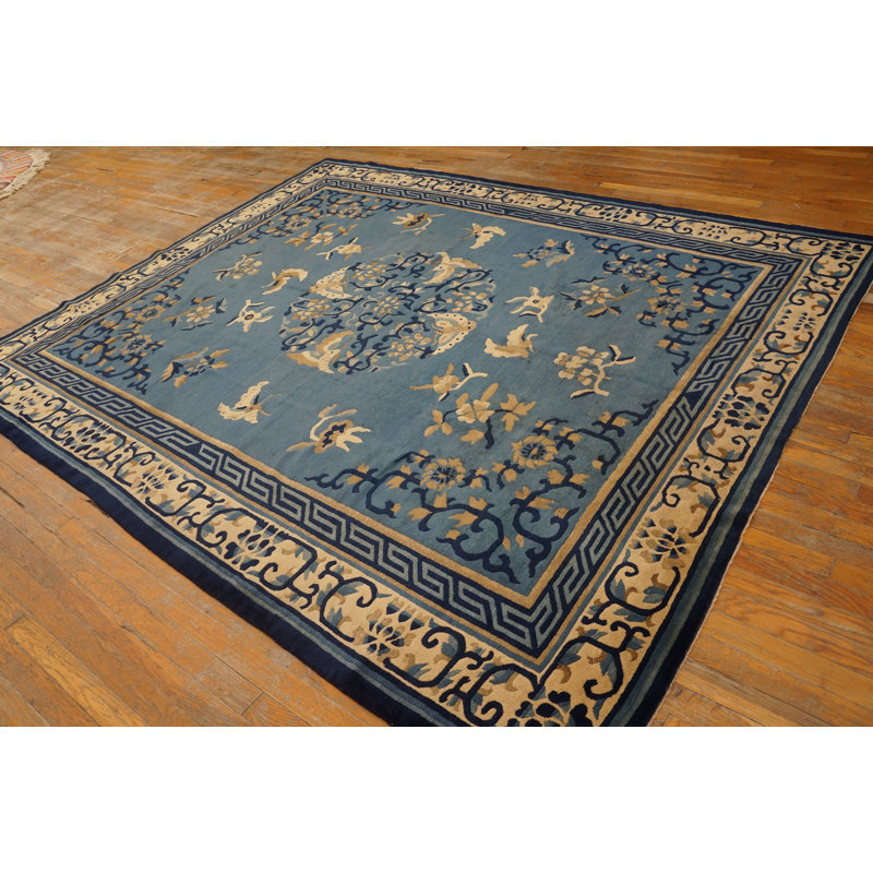 Antique Peking Chinese Floral, Medallion Blue 1890s Rug
