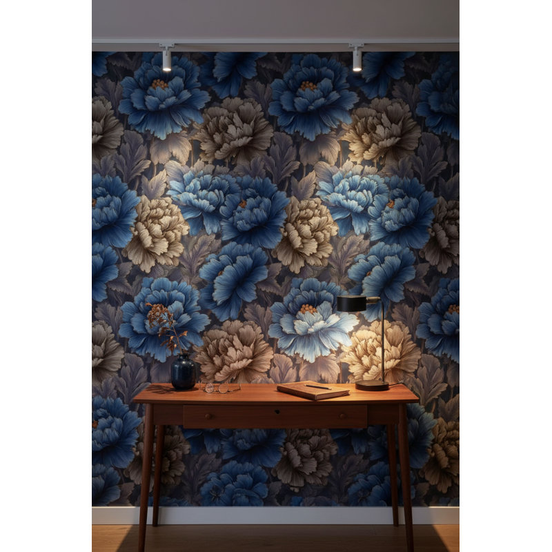 Papier peint floral, décoration murale rétro bleu foncé