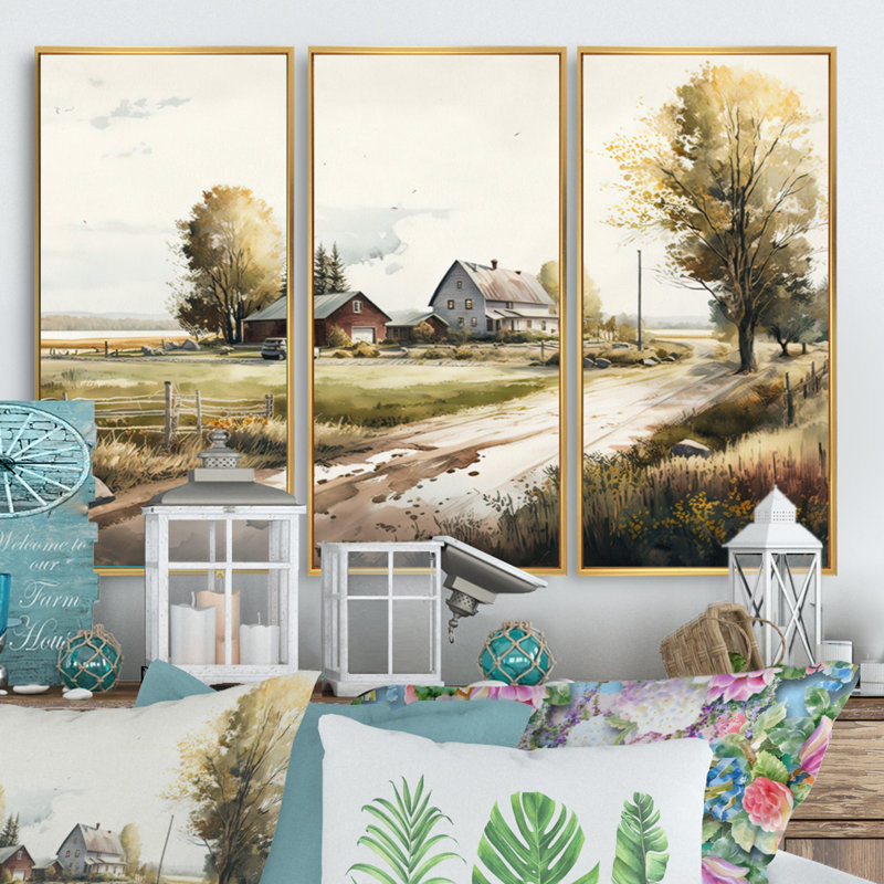 «Path To The Barn II», reproduction sur toile 3 pièces, Encadrement doré, H 32 po x l 48 po x P 1 po