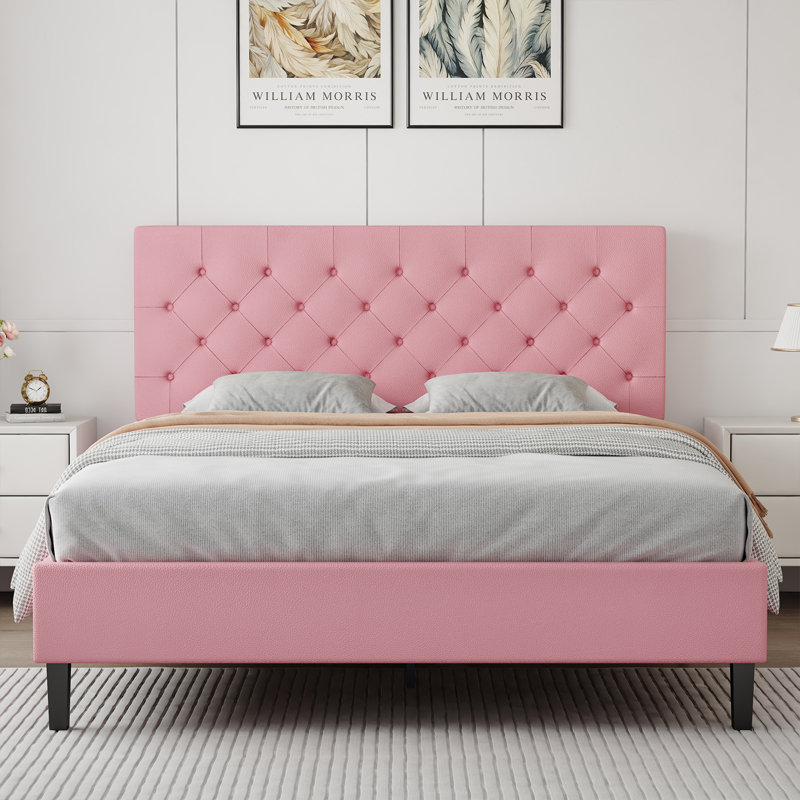Structure de lit avec tête de lit, lit plateforme tapissier avec capitonnage à boutons Desigh, Lit double, Rose