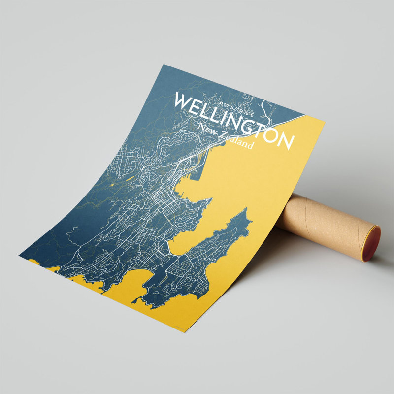 Wellington, carte de la ville, impression, H 24 po x l 18 po, Bleu / jaune