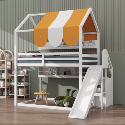 Full-Scale House-Inspired Loft Bed With Canopy, Wooden Loft Bed With Roof, Built-In Bookshelves & Slide