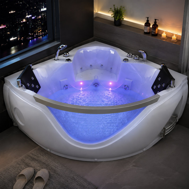 Baignoire à balnéo d'angle de luxe de 59 po avec éclairage, 20 jets et chromothérapie DEL