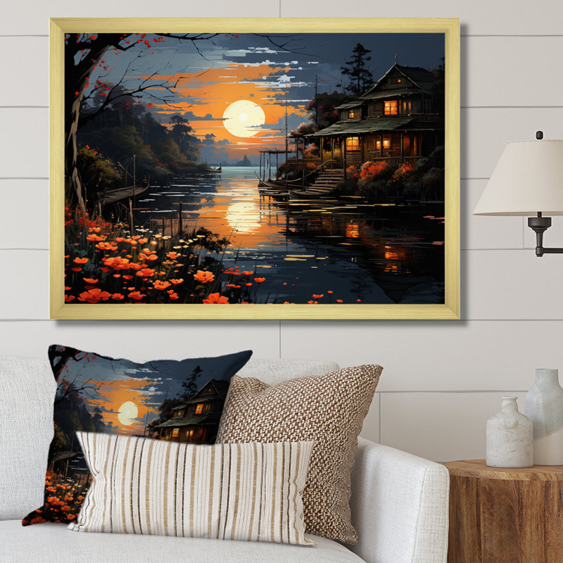 «Lakehouse Dockside Serenade Pointillism II», reproduction sur toile, H 24 po x l 32 po x P 1 po, Encadrement doré