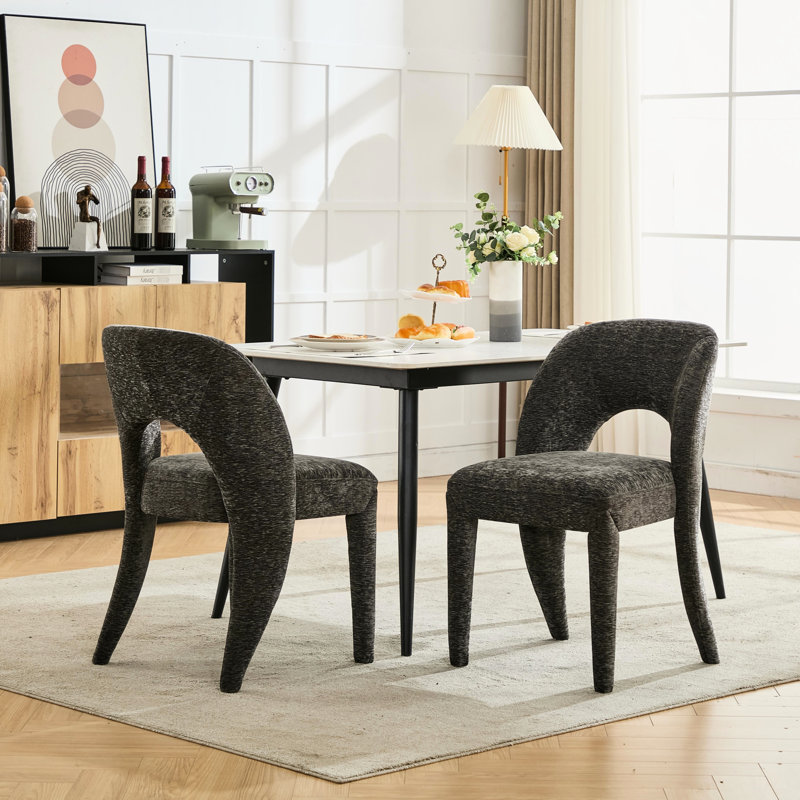 Chaises de salle à manger grises en chenille grises de 2 pièces, design contemporain, évidé, chambre ou pièce d'intérieur, structure de cadre en fer, sièges confortables, capacité de charge de 300 livres, performance à coût élevé, facile