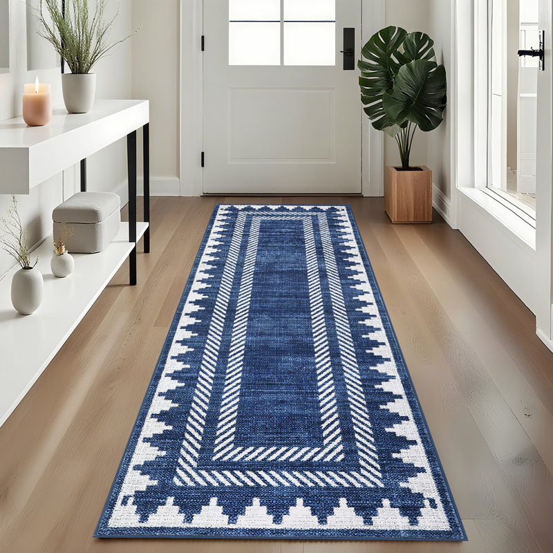 Tapis lavable Geometic Border, Blue, Tapis de couloir 2 pi x 6 pi