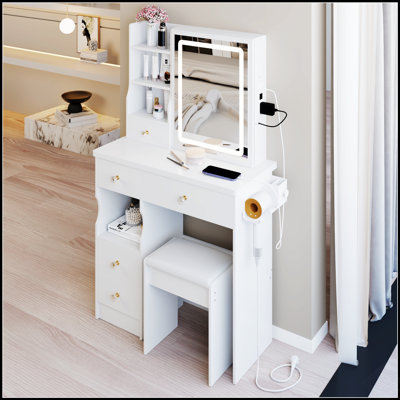 Petit meuble-lavabo de 29,2 po avec tiroir à gauche + tabouret rembourré, 2 blocs d'alimentation CA + 2 ports USB, support pour sèche-cheveux, très grand miroir coulissant à commande tactile à DEL, réglage de la luminosité tricolore, réglage de la luminosité