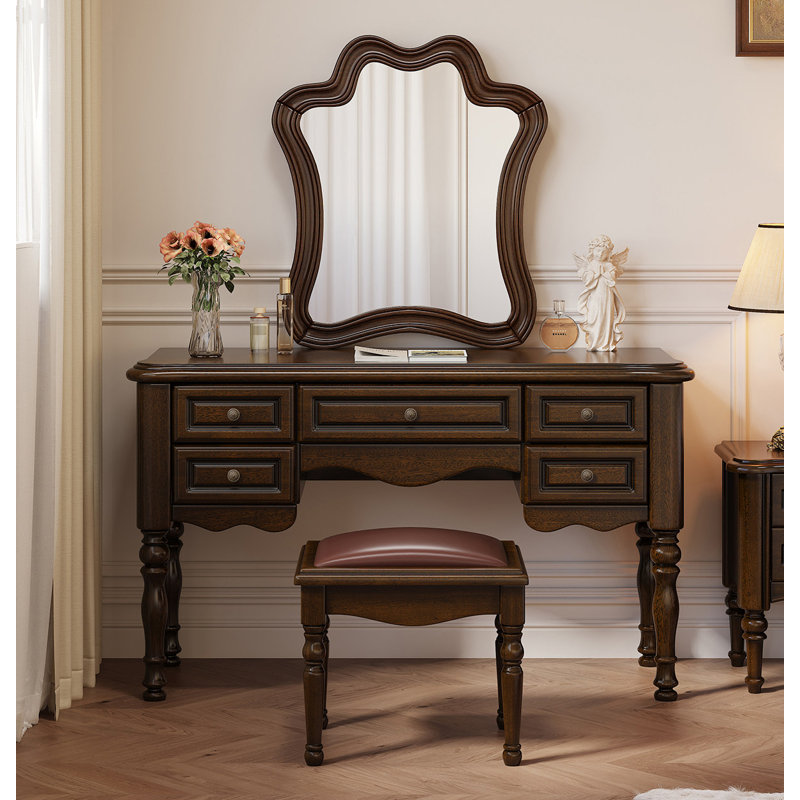 Vintage Solid Wood Vanity Table With Multiple Compartment Drawers Spacious Tabletop And Matching Solid Wood Stool