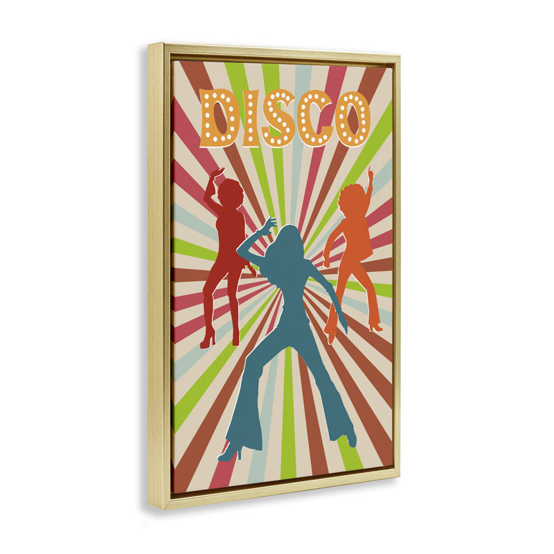 Disco Dancers sur rayures rétro, H 31 po x l 21 po, Cadre flottant gris lustré