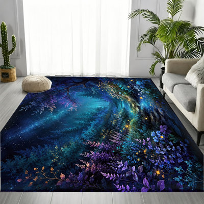 Mystical Night Blue Floral Enchanted Forest Area Rug, Soft Plush Woodland Art Pattern, Soft Durable, Machine Washable Non-Slip Floor Carpet, Stylish Artistic Indoor Home Decor for Living Room, Bedroom, Dormitory, Apartment, Studio