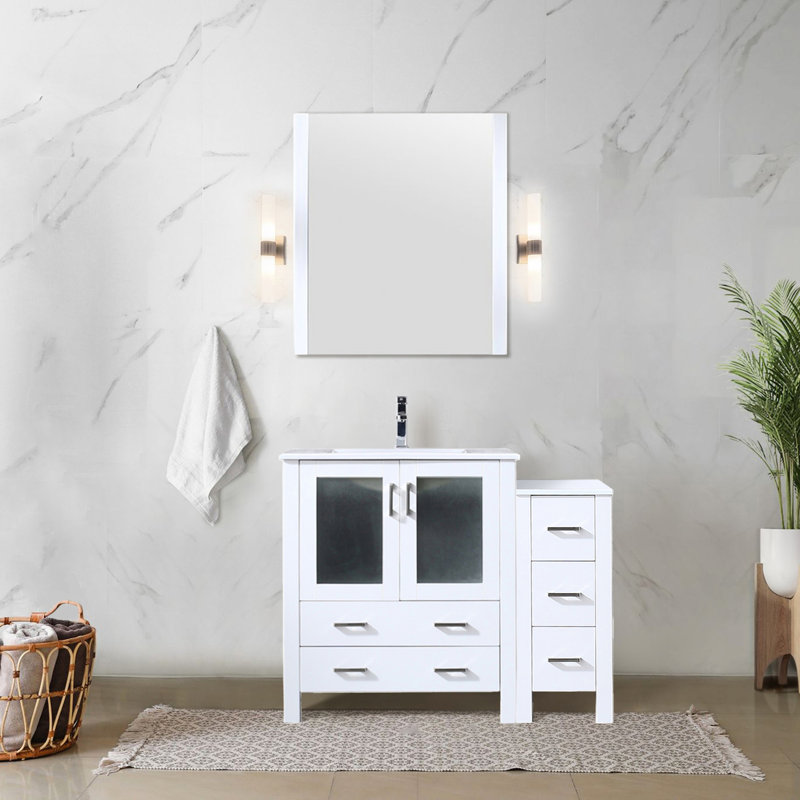 Meuble-lavabo Delicia Blanc avec armoire latérale, plateau en céramique, robinet, miroir 28 - performance durable et antitaches