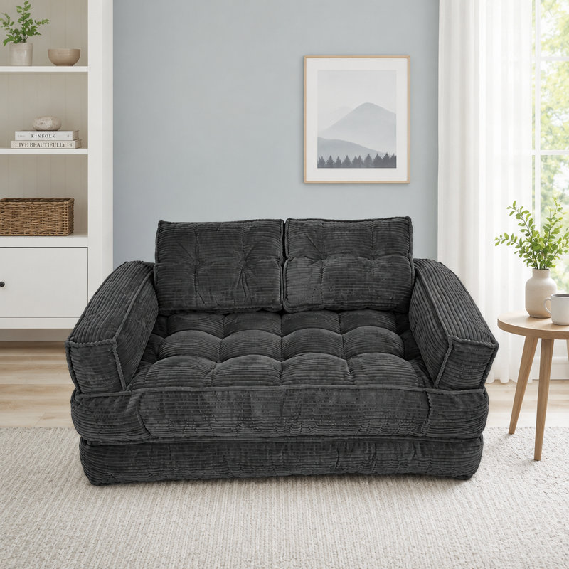 Canapé double modulable en velours côtelé avec méridienne convertible, coussins profonds et siège au sol flexible, Gris