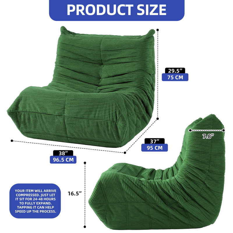 Fauteuil à billes paresseux en velours côtelé de 38 pouces avec mousse haute densité, sans assemblage, conception ergonomique
