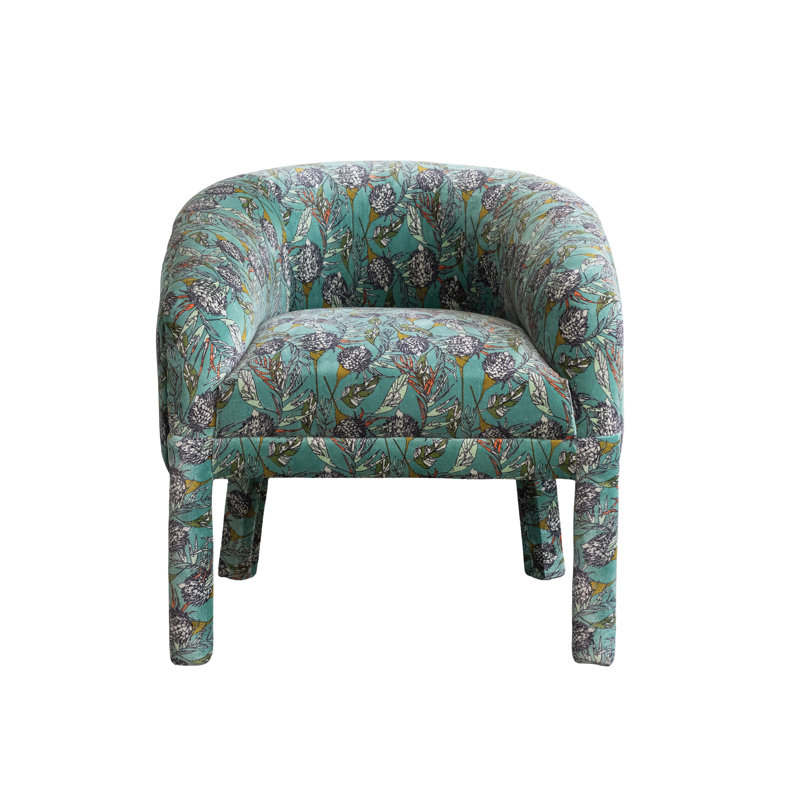 Chaise rembourrée en velours de coton avec imprimé botanique et structure en bois de manguier